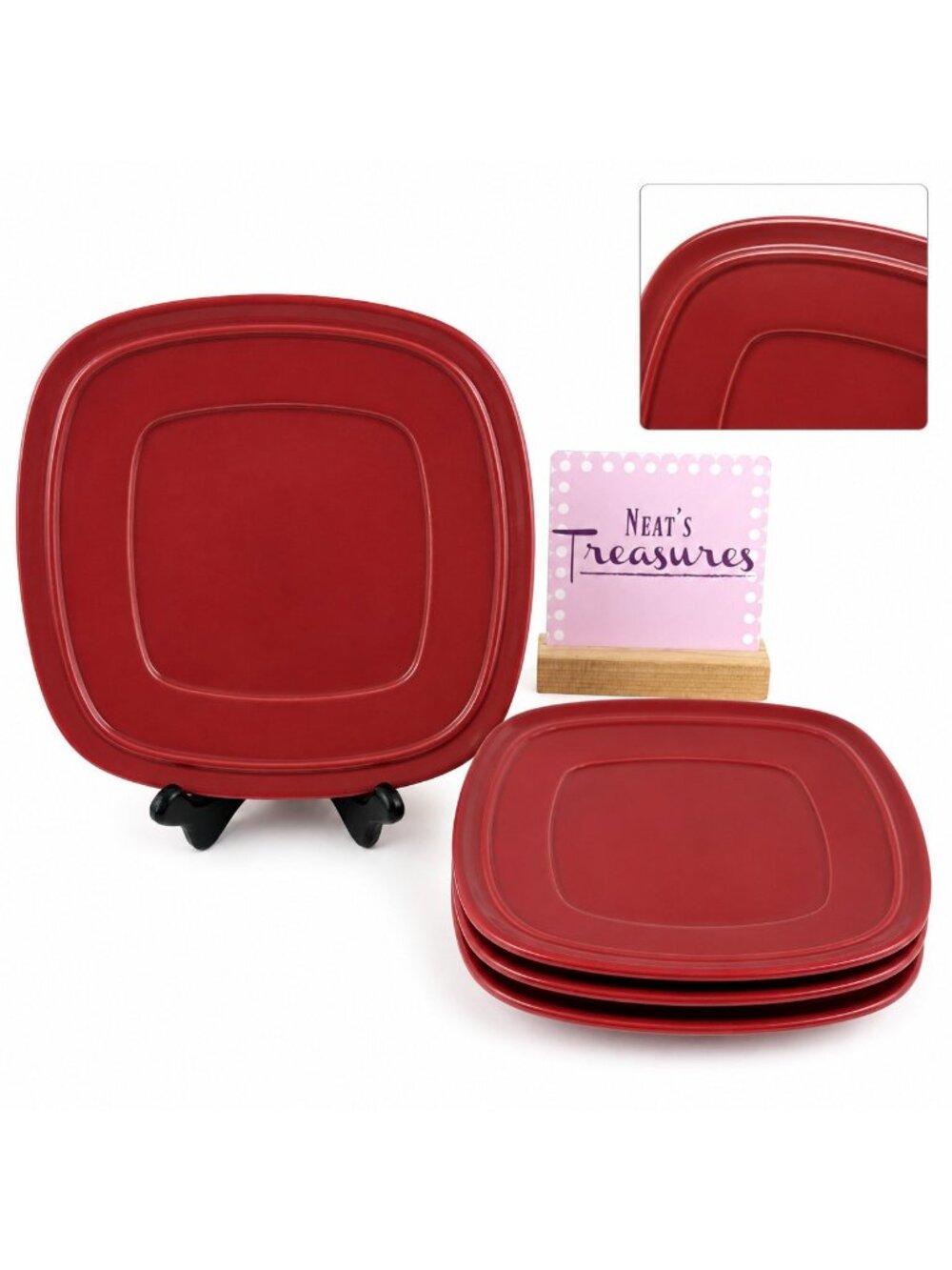 Home Trends CANOPY RED Cranberry Embossed Square Porcelain Salad Plates Set of 4